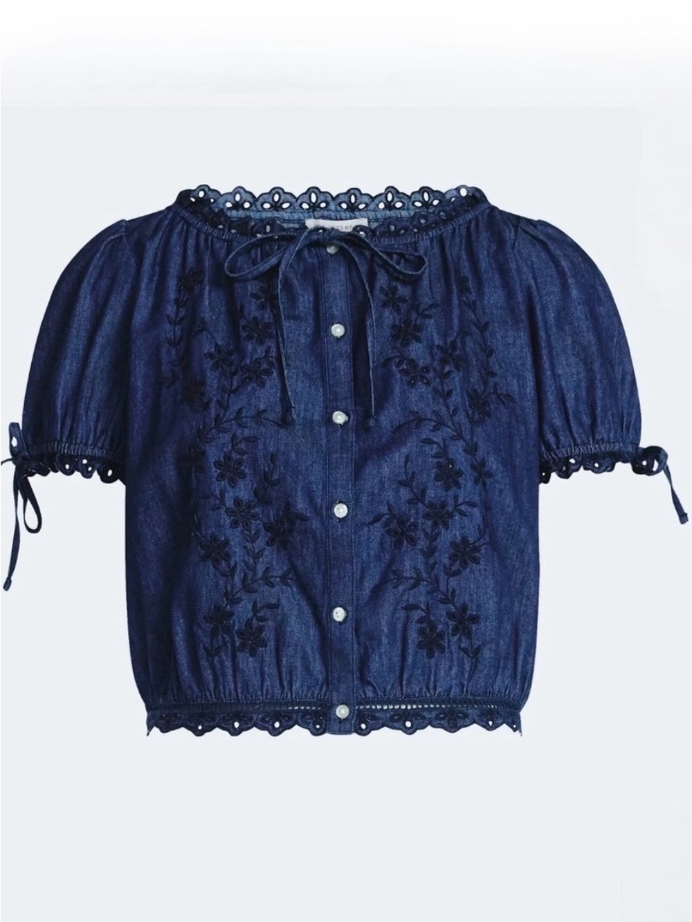 Free Assembly Floral Embroidered Dark Wash Scalloped Eyelet Blouse Medium NWT